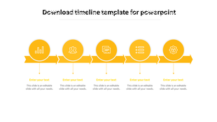 Yellow themed timeline PowerPoint template with five circular icons with connected arrows and placeholder text.