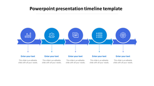 A sleek PowerPoint timeline slide showcasing a linear progression of milestones with text sections and icons.