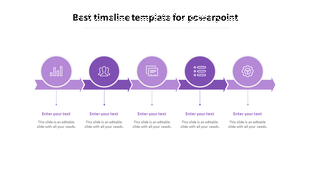 Minimalist timeline with five purple circular milestones, each linked by arrows, featuring icons and text placeholders. 
