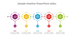 Minimalist timeline with five hexagonal elements for years 2016 to 2020, each with icons, month tags, and placeholder text.