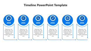 Modern timeline PowerPoint template with six blue circular icons, and text placeholders on a white backdrop.