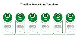 Horizontal timeline with six green circular icons, each labeled '20XX' and connected to text boxes with curved arrows.