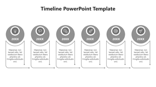 Linear timeline PowerPoint template with six labeled milestones, each with icons and descriptive text boxes.