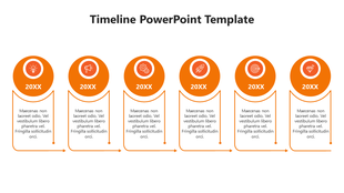 Timeline design featuring six orange circular icons, each with a year and an icon, with text boxes below.
