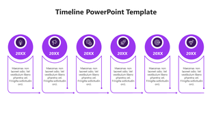 Modern timeline PowerPoint template with six purple circular icons, and text placeholders on a white backdrop.
