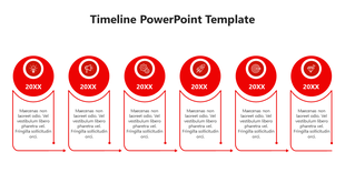 Horizontal timeline with six red circular icons labeled '20XX', each connected to text boxes with curved arrows.