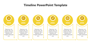 Horizontal timeline with six yellow circle markers, each representing a year and an icon, with arrow framed text box below.