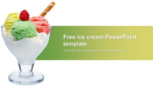 An ice cream PPT slide sundae in a glass bowl, featuring green, yellow, and red scoops with whipped cream.