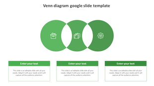 Horizontal green Venn diagram showing overlapping circles with white icons and editable text blocks below each segment.