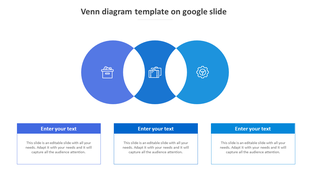 Venn diagram PowerPoint slide featuring overlapping blue circles with business related icons and text boxes.