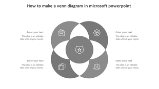 Venn diagram with four gray parts and a central shield icon, surrounded by text placeholders.
