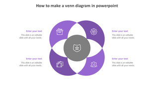 Venn diagram PPT template with overlapping purple circles with icons and placeholder text on a white backdrop.