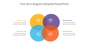 Business Venn diagram with four intersecting circles in different colors, each containing an icon, and text labels.