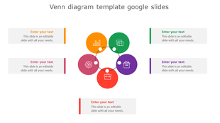 Venn diagram Google Slides with five colorful circles, each representing a category with icons and placeholder text.