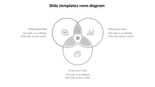 Three interlocking gray circles in a venn diagram with placeholder text and icons in each section.