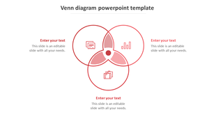 Red Venn diagram with three overlapping outlined circle, icons inside each, and text placeholders on left, right, and bottom.