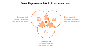 Venn diagram PPT slide featuring three orange overlapping circles and business related icons with placeholder text.