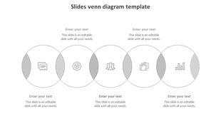 Venn diagram template with five overlapping circles featuring icons and text areas in a grayscale theme.
