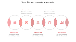 Minimalist red Venn diagram with five outlined circles, icons for document, and analytics, with red striped segments.