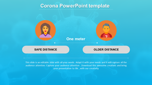 Infographic with two icons representing social distance, connected by a dotted line with a corona themed blue background.