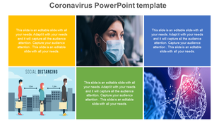 Coronavirus template with six blocks, featuring a masked woman, social distancing graphic, and microscopic virus illustration.