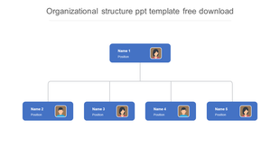 Simple organizational chart with one top-level person connected to four subordinates, each in blue rectangles with icons.