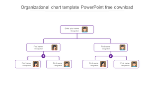 Organizational chart PowerPoint template with spaces for names, designations, and hierarchical relationships.