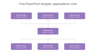 Hierarchical organizational chart with purple rectangles for names and positions, connected by thin gray lines.