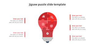 Jigsaw puzzle infographic forming a red lightbulb, featuring business icons such as analytics, strategy, and goal setting.