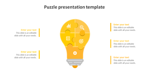 Yellow lightbulb infographic made of five puzzle pieces with business icons, surrounded by text fields.