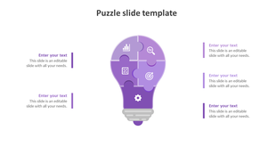 Creative PowerPoint slide featuring a purple lightbulb shaped puzzle diagram with icons and placeholder text.