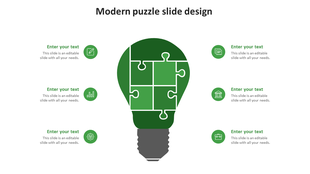 Green light bulb puzzle infographic with five interlocking segments, surrounded by circular icons and text placeholders.