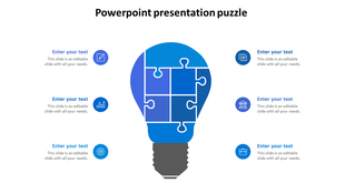 Slide with a blue lightbulb shaped puzzle in the center and six surrounding icons representing different concepts.