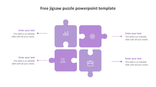 Purple jigsaw puzzle PowerPoint template with four interlocking pieces, each containing a business related icon.