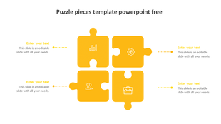 Square layout of four orange puzzle pieces with business icons, connected to four yellow caption boxes with dotted lines.