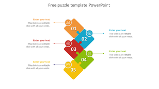Colorful puzzle themed PowerPoint template with five numbered pieces connected diagonally and text areas.