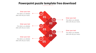 Vertical sequence of red puzzle pieces numbered 1 to 5, with corresponding text areas on both sides.