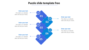 Slide with five blue diamond shaped puzzle pieces, each numbered and paired with an icon, and text areas.