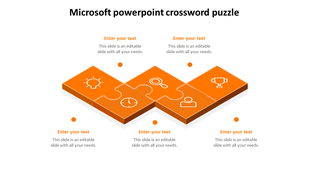 A template featuring four vertical blocks in orange, showcasing icons for business concepts and placeholders text areas.