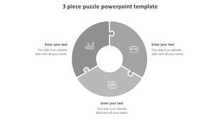 A circular, grey puzzle diagram with three interlocking pieces, each featuring an icon, arranged on a white background.