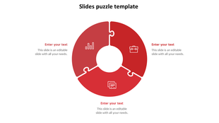 Red puzzle diagram divided into three pieces, each containing an icon for analytics and documents, with placeholder text.
