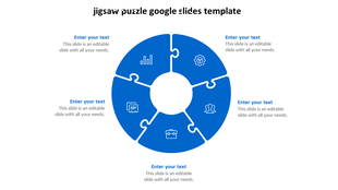 Blue circular jigsaw puzzle Google Slides template with five interlocking segments and text placeholders.