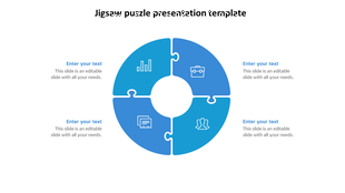 Blue puzzle infographic in a circular shape, with icons representing business elements and text on either side.