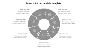 Monochrome puzzle PPT slide with seven grey interlocking segments and text placeholders on a white backdrop.