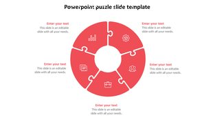 Red segmented circular puzzle diagram with five sections, each containing a white business-related icon and caption areas.
