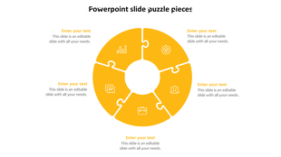 Yellow circular puzzle diagram with five sections, each featuring an icon, with text areas placed around it.
