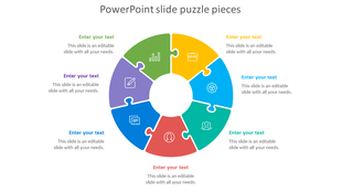 Colorful circular puzzle pieces with text sections, featuring business icons and placeholders.
