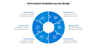 Blue circular puzzle PowerPoint template with six interlocking segments, icons, and text placeholders on a white backdrop.