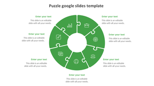 Six piece green jigsaw puzzle infographic in a layout, displaying icons for business and management, with caption areas.