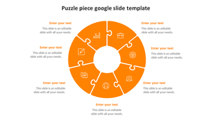 Circular orange puzzle graphic divided into seven pieces, each with an icon and text areas on a white background.